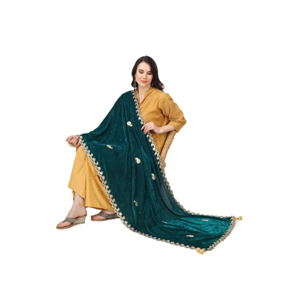 Women's Velvet Gotta Patti Shawl (Dark Green, Length: 2.25 to 2.50 Mtr)