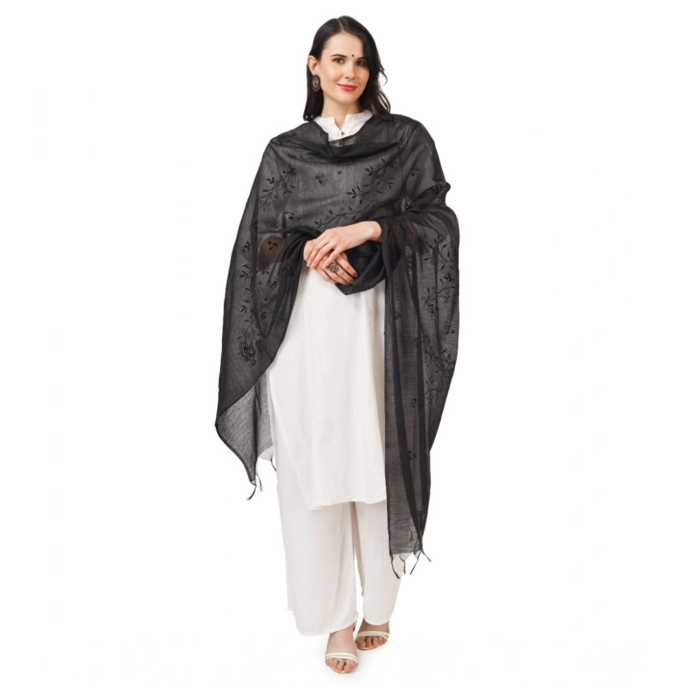 Women's Cotton Embroidered Shawl (Black, Length: 2.25 to 2.50 Mtr)