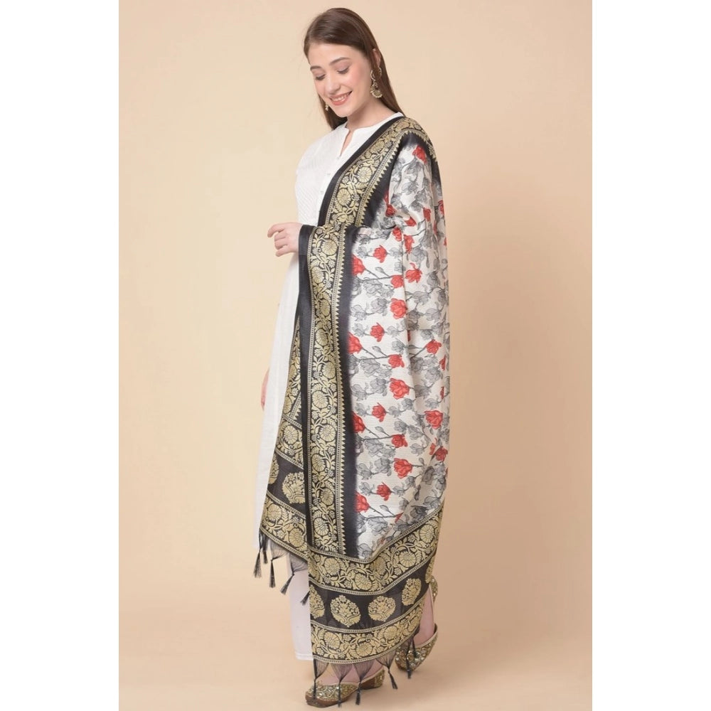 Women's Art Silk Printed Shawl (Black, Length: 2.25 to 2.50 Mtr)