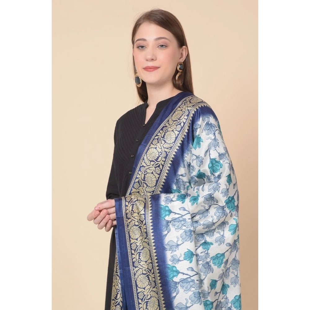 Women's Art Silk Printed Shawl (Blue, Length: 2.25 to 2.50 Mtr)