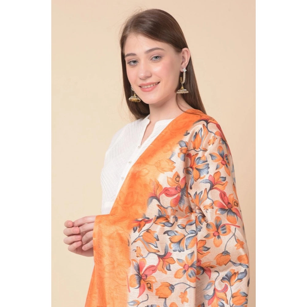 Women's Art Silk Printed Shawl (Orange, Length: 2.25 to 2.50 Mtr)