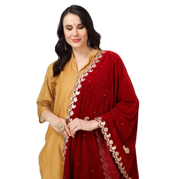 Women's Velvet Gotta Patti Shawl (Maroon, Length: 2.25 to 2.50 Mtr)