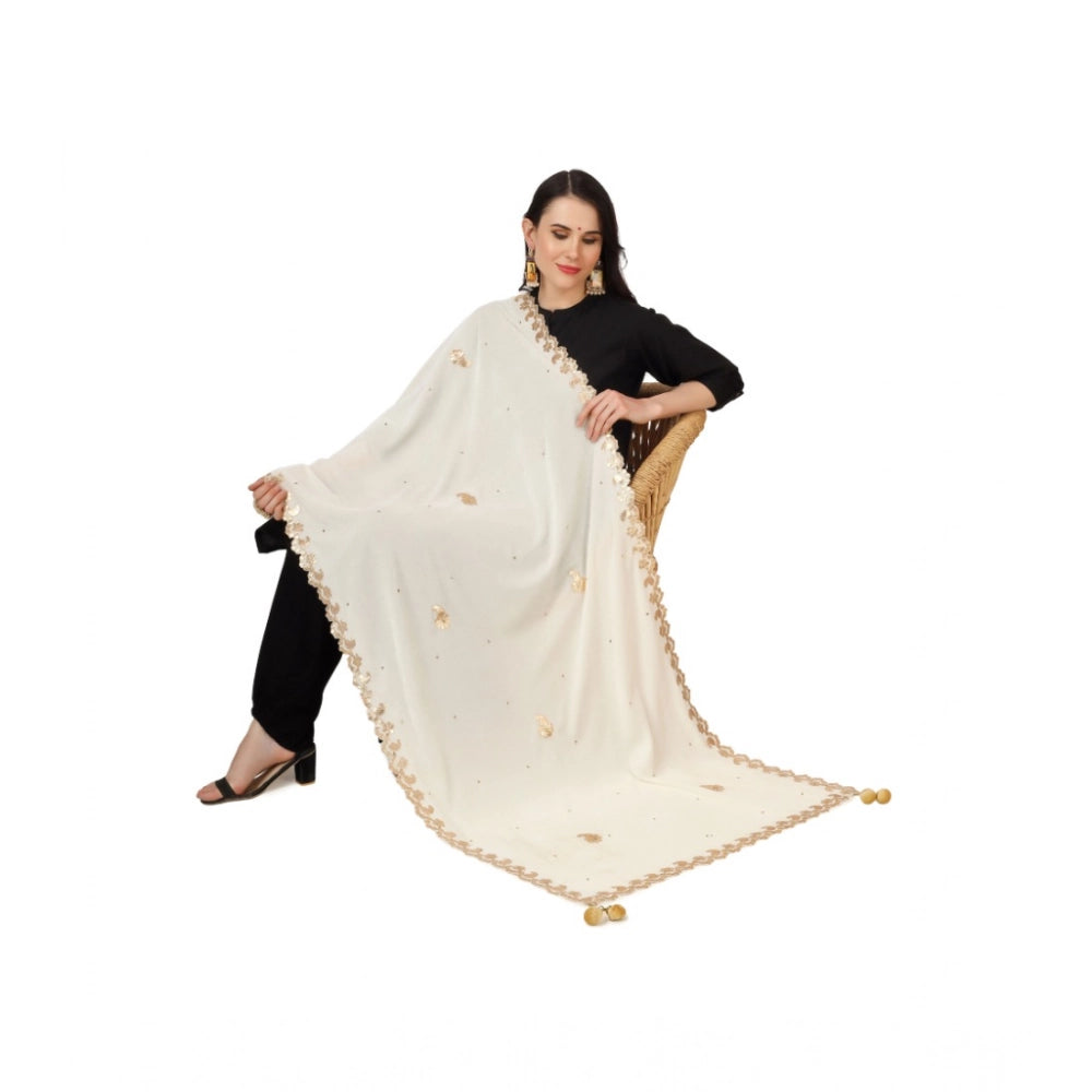 Women's Velvet Gotta Patti Shawl (Off White, Length: 2.25 to 2.50 Mtr)