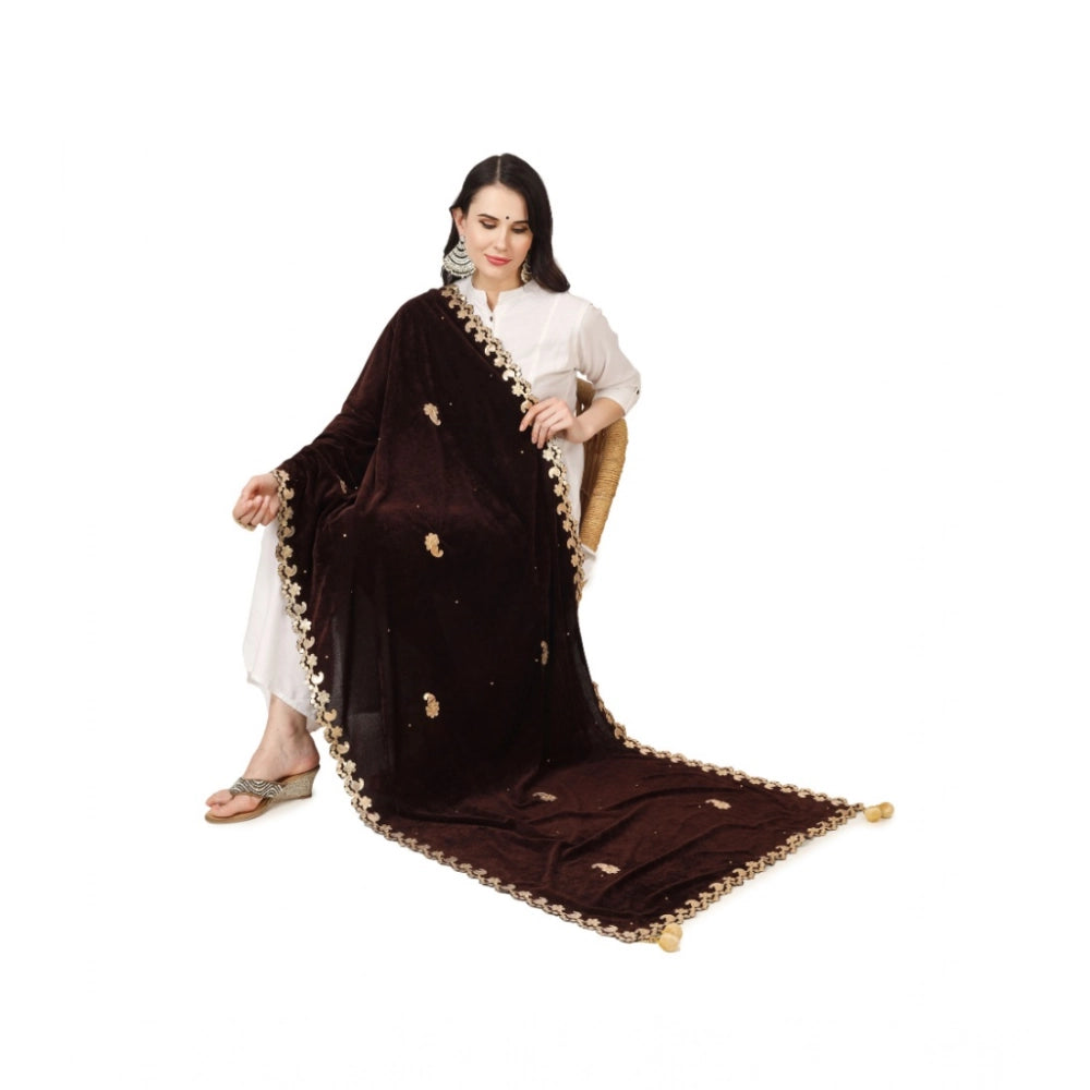 Women's Velvet Gotta Patti Shawl (Brown, Length: 2.25 to 2.50 Mtr)