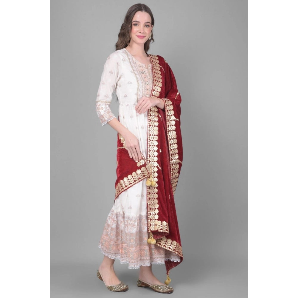 Women's Velvet Gotta Patti Shawl (Maroon, Length: 2.25 to 2.50 Mtr)