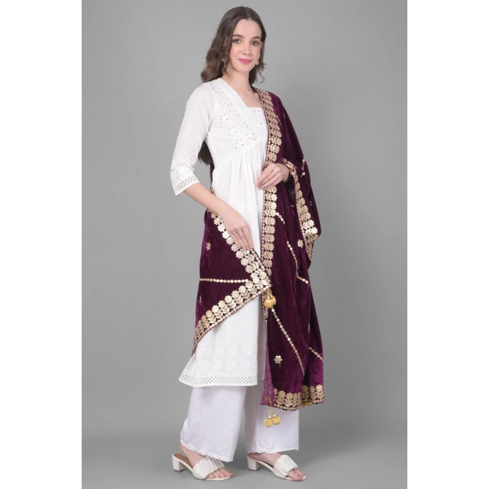 Women's Velvet Gotta Patti Shawl (Wine, Length: 2.25 to 2.50 Mtr)