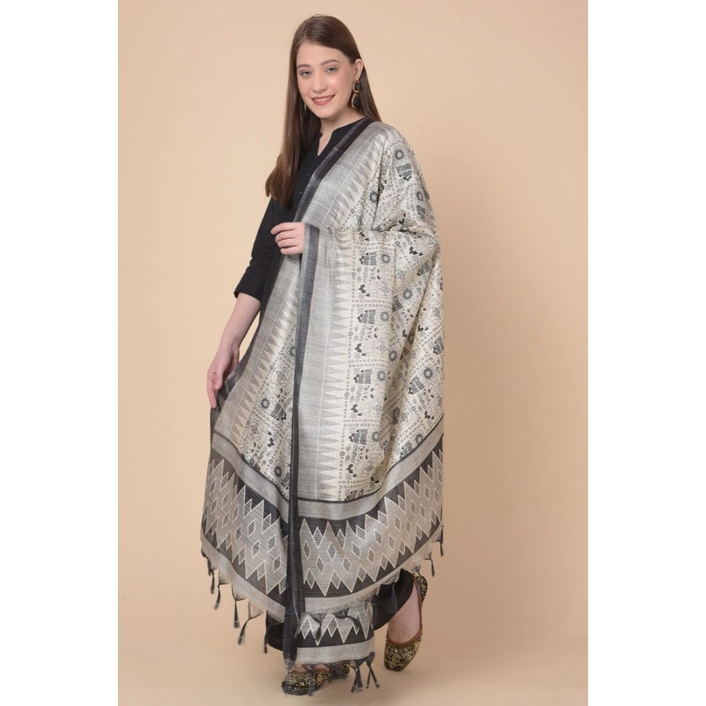 Women's Art Silk Printed Shawl (Black, Length: 2.25 to 2.50 Mtr)