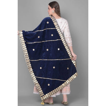 Women's Velvet Gotta Patti Shawl (Navy, Length: 2.25 to 2.50 Mtr)