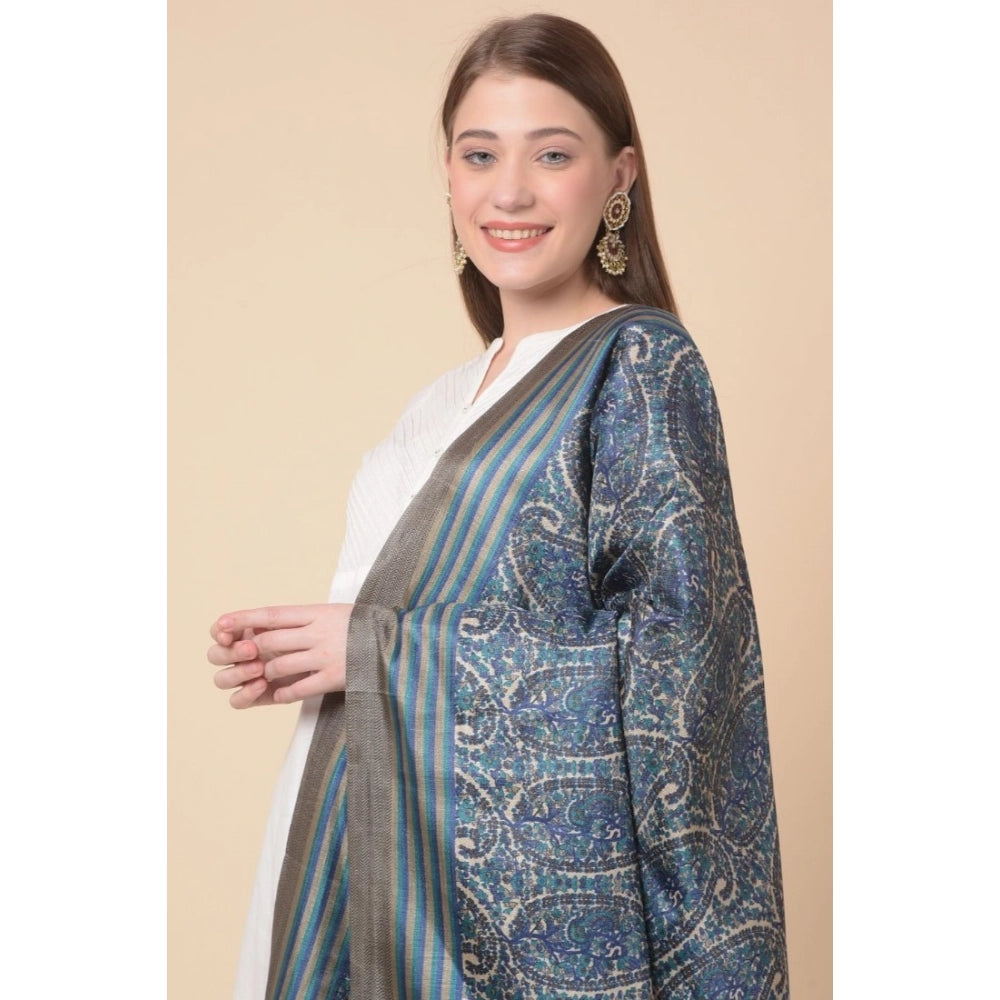 Women's Art Silk Printed Shawl (Blue, Length: 2.25 to 2.50 Mtr)