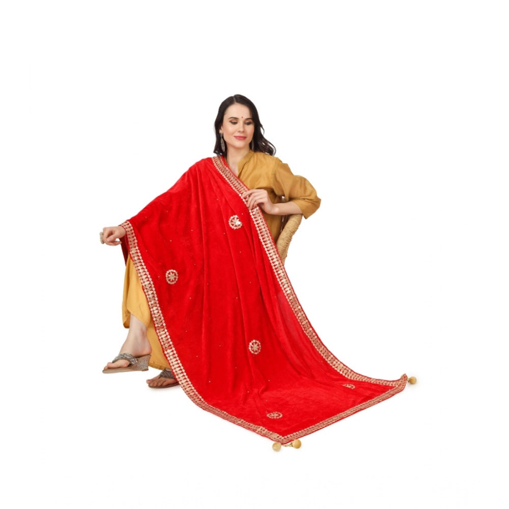 Women's Velvet Gotta Patti Shawl (Red, Length: 2.25 to 2.50 Mtr)