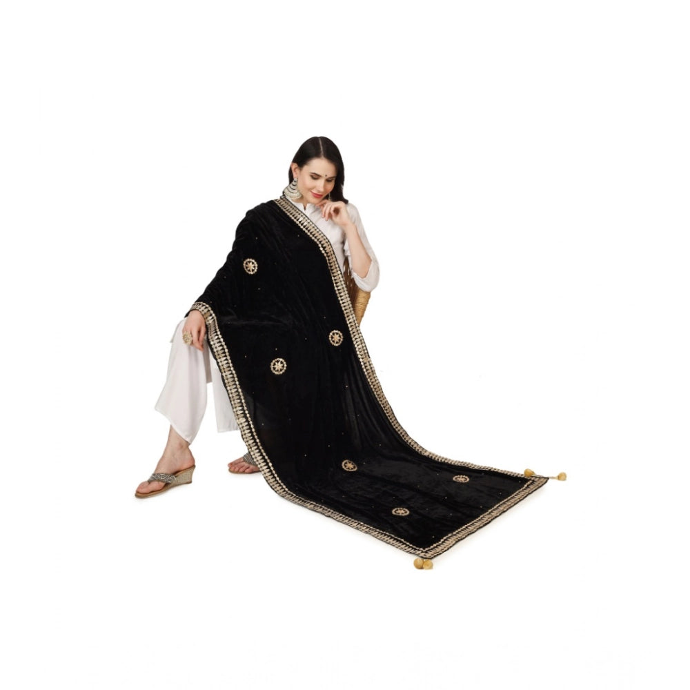 Women's Velvet Gotta Patti Shawl (Black, Length: 2.25 to 2.50 Mtr)
