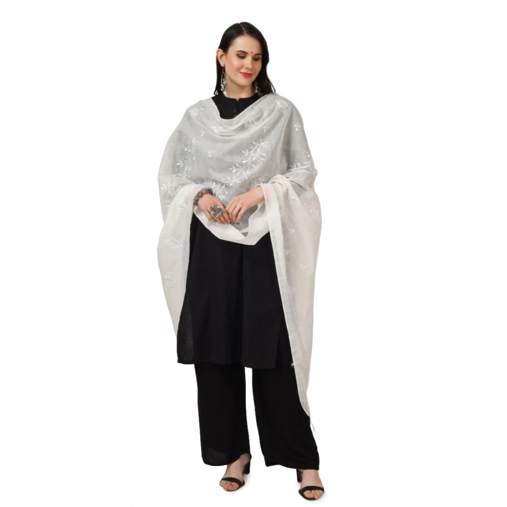 Women's Cotton Embroidered Shawl (White, Length: 2.25 to 2.50 Mtr)