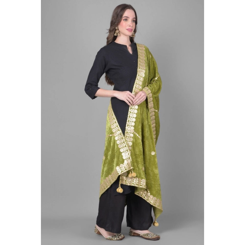 Women's Velvet Gotta Patti Shawl (Olive, Length: 2.25 to 2.50 Mtr)