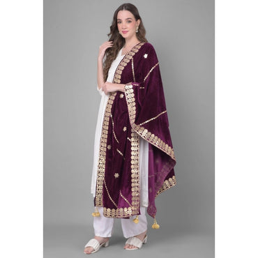 Women's Velvet Gotta Patti Shawl (Wine, Length: 2.25 to 2.50 Mtr)