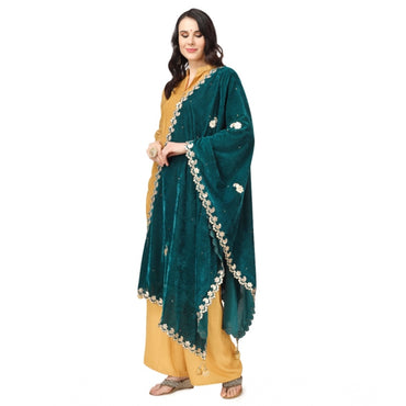 Women's Velvet Gotta Patti Shawl (Dark Green, Length: 2.25 to 2.50 Mtr)
