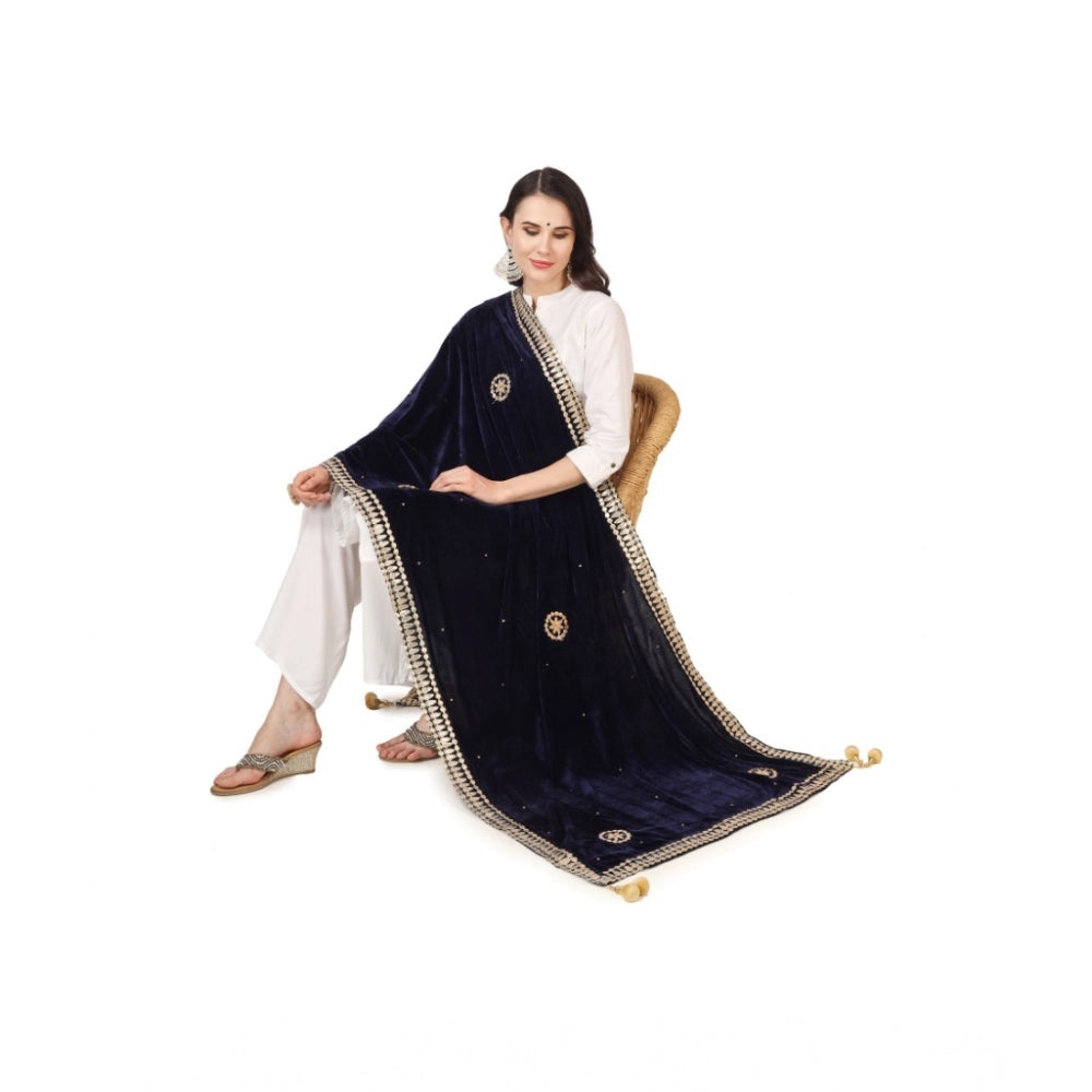 Women's Velvet Gotta Patti Shawl (Blue, Length: 2.25 to 2.50 Mtr)