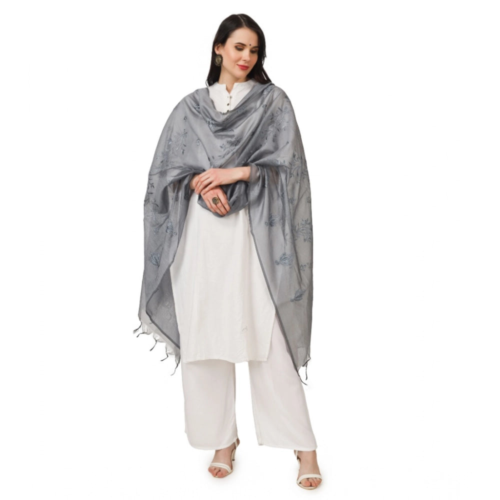 Women's Cotton Embroidered Shawl (Grey, Length: 2.25 to 2.50 Mtr)