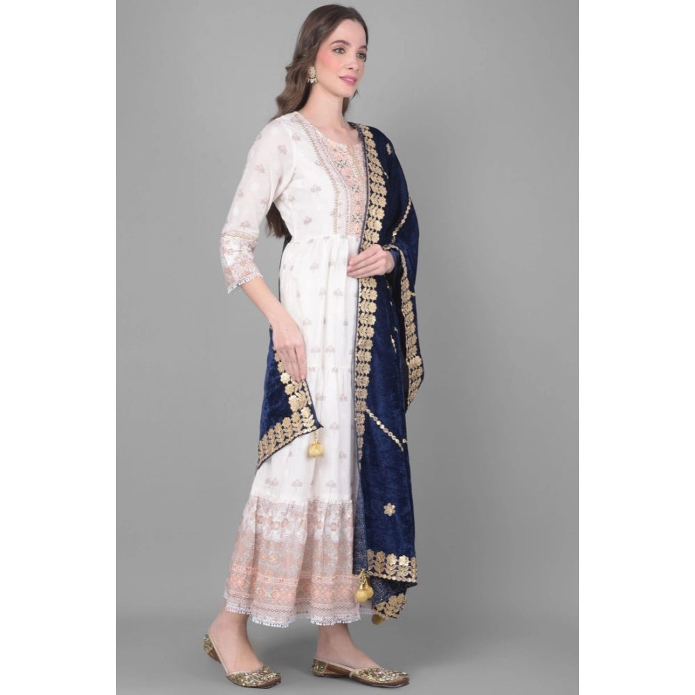 Women's Velvet Gotta Patti Shawl (Navy, Length: 2.25 to 2.50 Mtr)