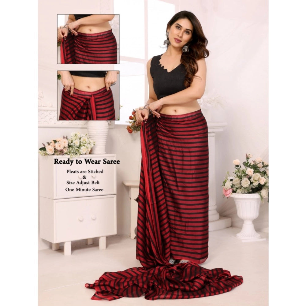 Women's Black Berry Striped Ready-to-Wear Saree With Unstitched Blouse 5.5 Mtr (Red-Black)