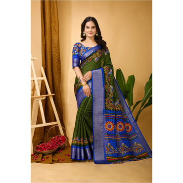 Women's Soft Dola Cotton Kalamkari Printed Saree With Unstitched Blouse 5.5Mtr (Mehendi)