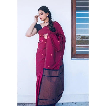 Women's Litchi silk Printed Saree With Unstitched Blouse (Red)