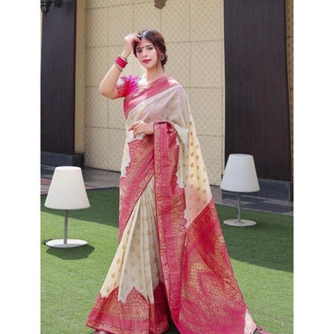 Women's Litchi silk Printed Saree With Unstitched Blouse (Half White)