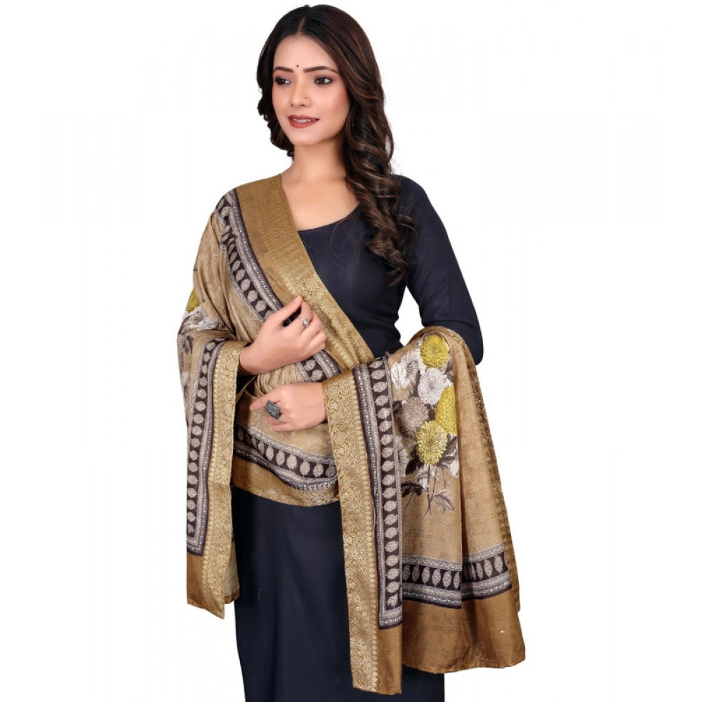 Women's chanderi silk Printed Shawl (Beige, Length: 2 Mtr)