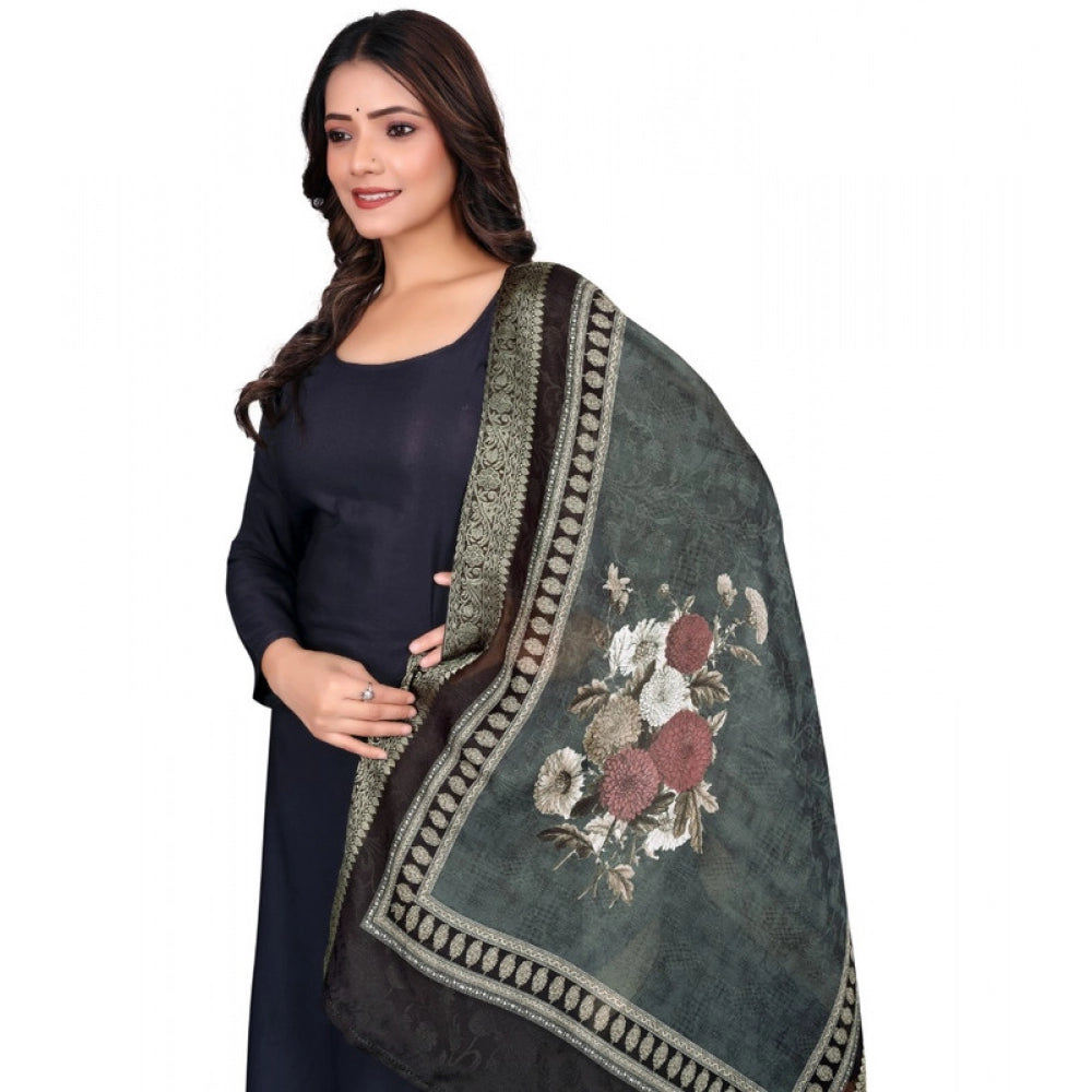 Women's chanderi silk Printed Shawl (Black, Length: 2 Mtr)