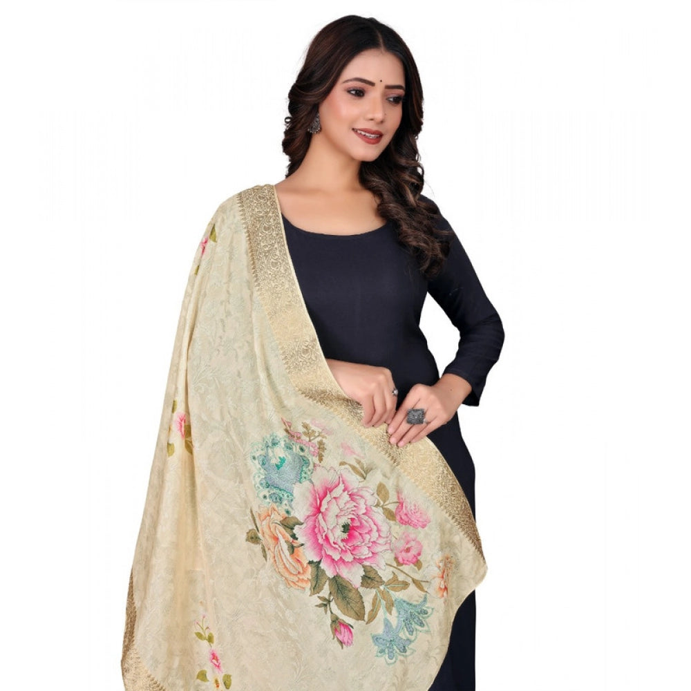 Women's chanderi silk Printed Shawl (Beige, Length: 2 Mtr)