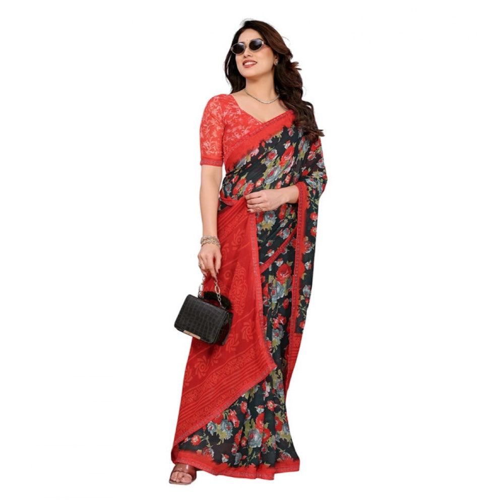 Women's Georgette Printed Saree With Unstitched Blouse 5.5Mtr (Green)