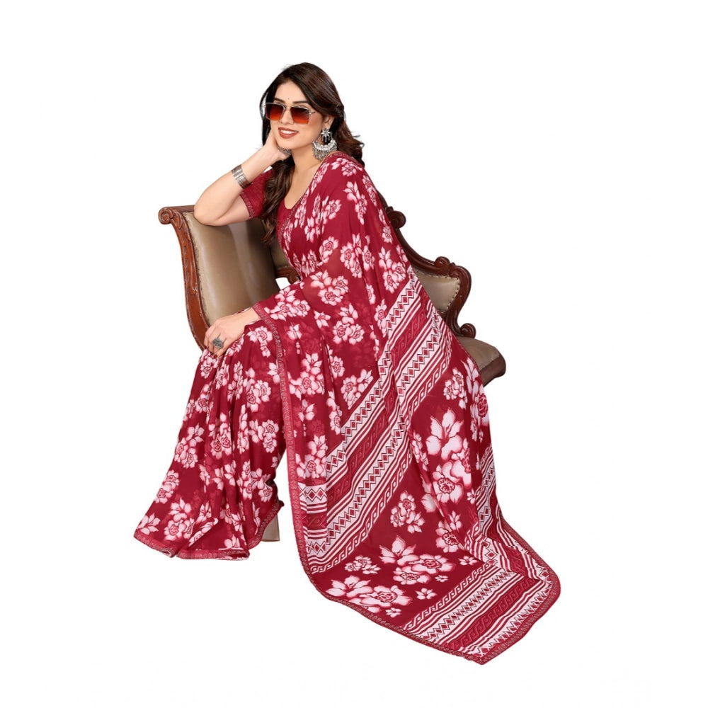 Women's Georgette Printed Saree With Unstitched Blouse 5.5Mtr (Red)