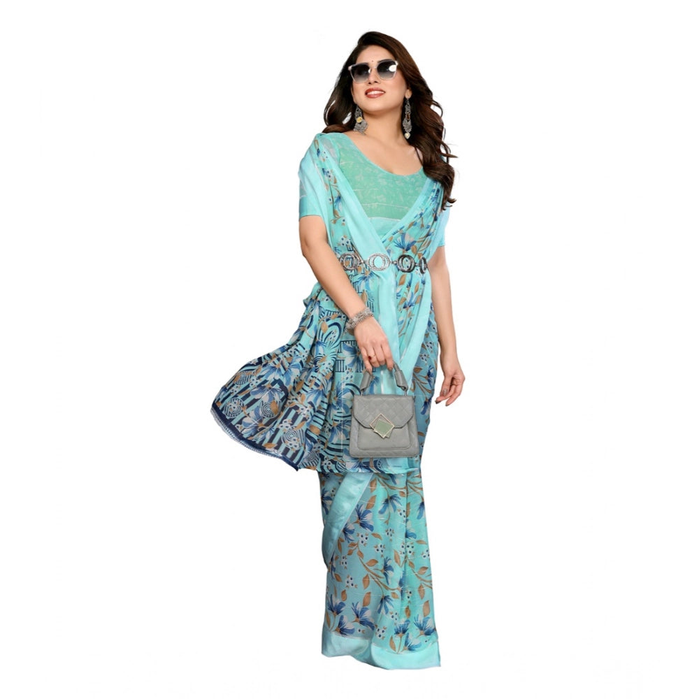 Women's Georgette Printed Saree With Unstitched Blouse 5.5Mtr (Blue)