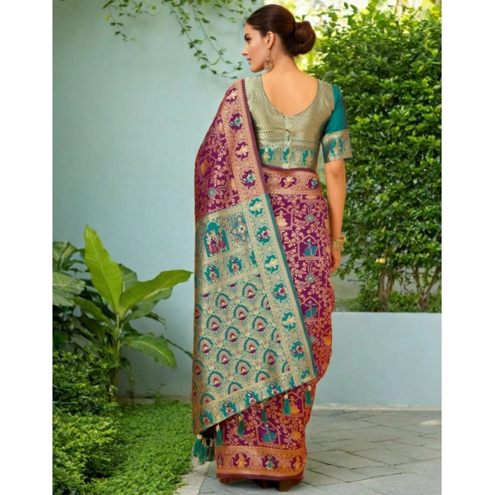 Women's Silk Blend Woven Paithani Saree With Unstitched Blouse 5.5Mtr (Purple)