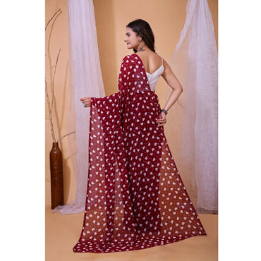 Women's Georgette Printed Saree With Unstitched Blouse 5.5Mtr (Maroon)