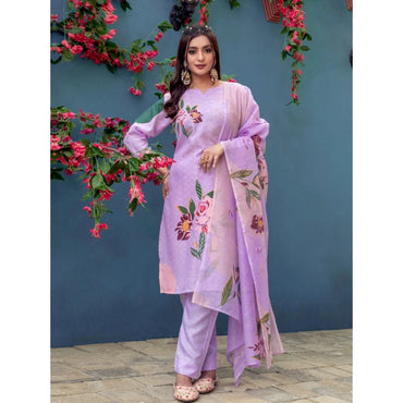 Women's Cotton Blend Printed Kurti With Pant Dupatta Set (Lavender)
