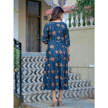 Women's Rayon Print With Embroidery Work A-Line Kurti (Navy Blue)