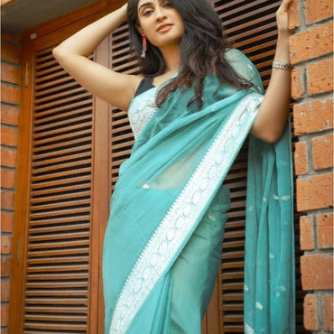 Women's Soft Lichi Silk Printed Saree With Unstitched Blouse 5.5Mtr (Sky-Blue)