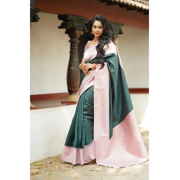 Women's Soft Lichi Silk Printed Saree With Unstitched Blouse 5.5Mtr (Green)