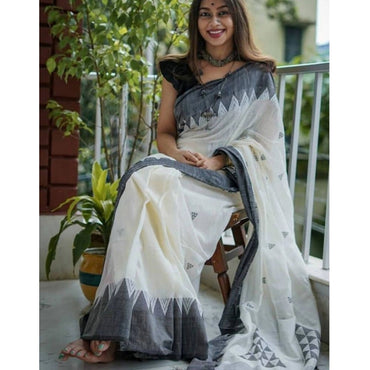Women's Soft Lilan Printed Saree With Unstitched Blouse 5.5Mtr (White-Black)