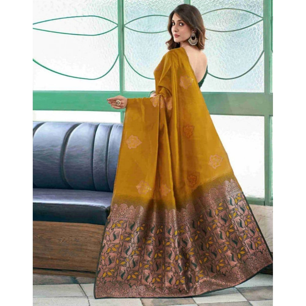 Women's Soft Lichi Silk Printed Saree With Unstitched Blouse 5.5Mtr (Mustard )