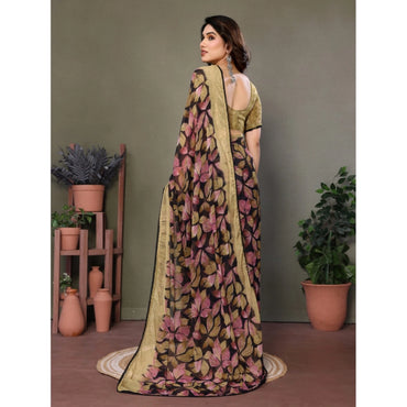 Women's Chiffon Printed Saree With Unstitched Blouse 5.5Mtr (Beige)