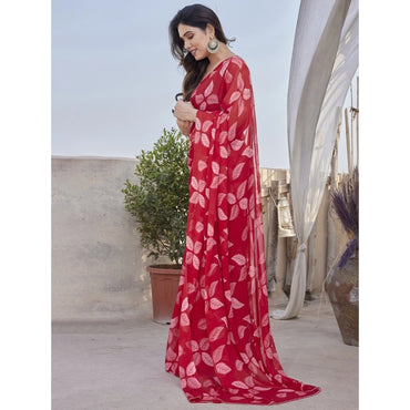 Women's Chiffon Printed Saree With Unstitched Blouse 5.5Mtr (Red)