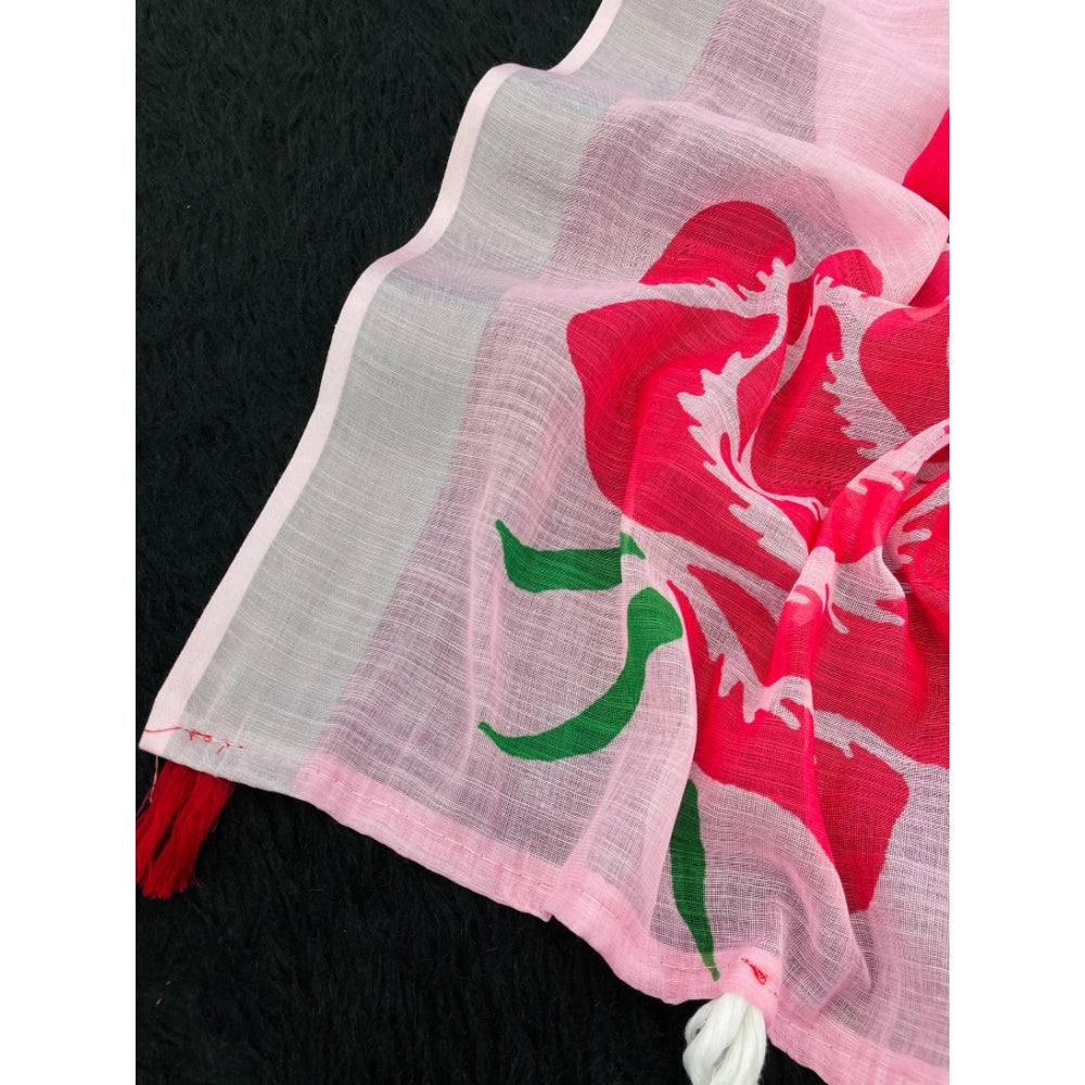 Women's Linen Cotton Printed Saree With Unstitched Blouse 5.5Mtr (Pink)