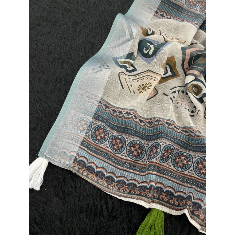 Women's Linen Cotton Printed Saree With Unstitched Blouse 5.5Mtr (Grey)