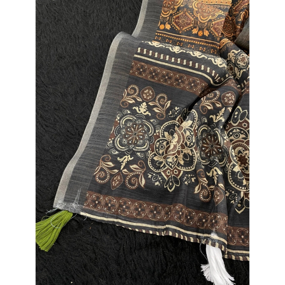 Women's Linen Cotton Printed Saree With Unstitched Blouse 5.5Mtr (Beige)