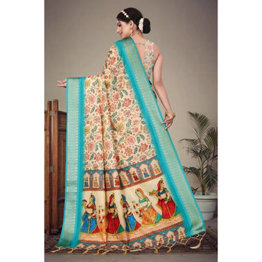 Women's Cotton Silk Printed Saree With Unstitched Blouse 5.5Mtr (Sky Blue)