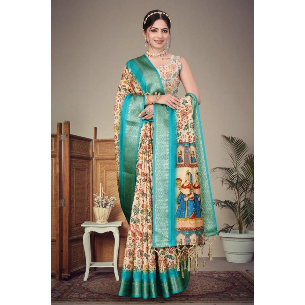 Women's Cotton Silk Printed Saree With Unstitched Blouse 5.5Mtr (Sky Blue)