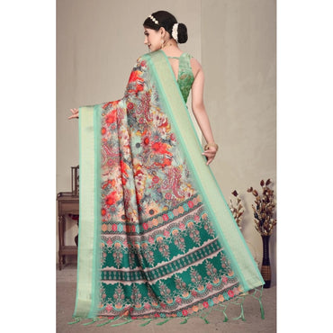 Women's Cotton Silk Printed Saree With Unstitched Blouse 5.5Mtr (Light Green)