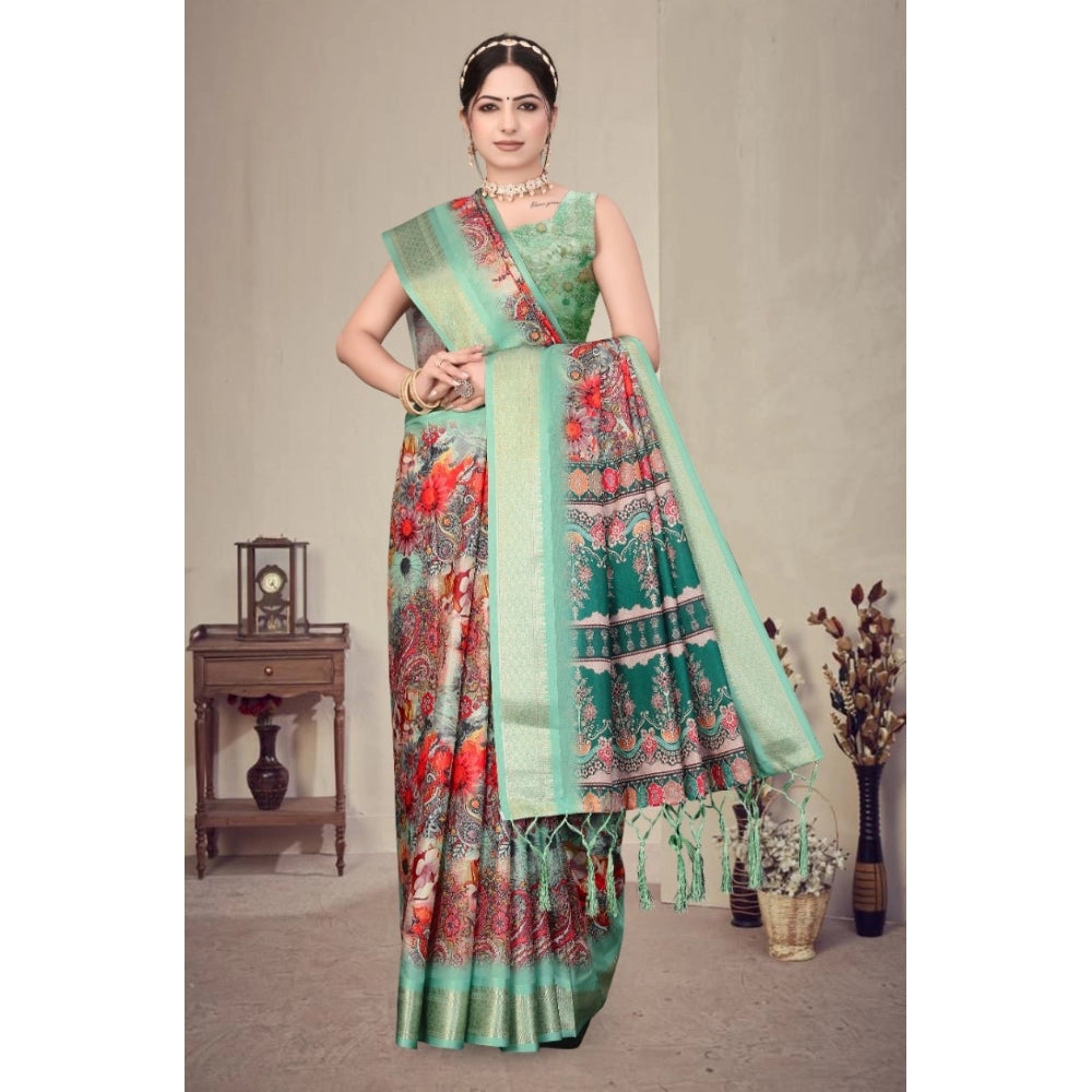 Women's Cotton Silk Printed Saree With Unstitched Blouse 5.5Mtr (Light Green)