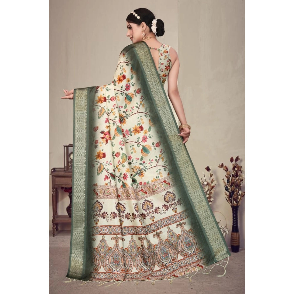 Women's Cotton Silk Printed Saree With Unstitched Blouse 5.5Mtr (Green)